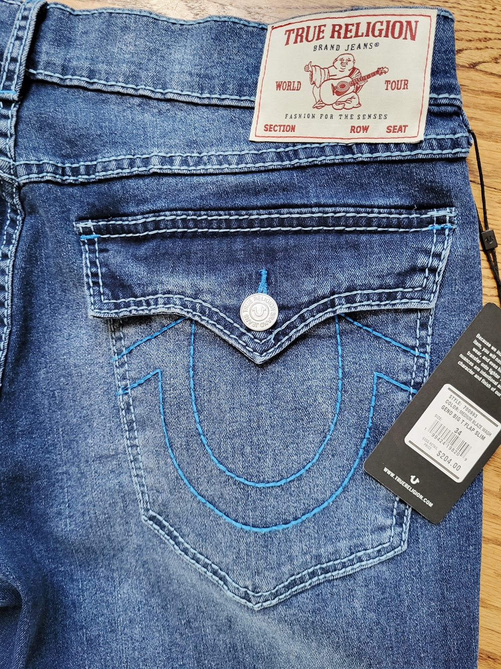 TRUE RELIGION Geno Big T Flap Relaxed Slim 34x32 Men's Blue Stitch Medium Wash